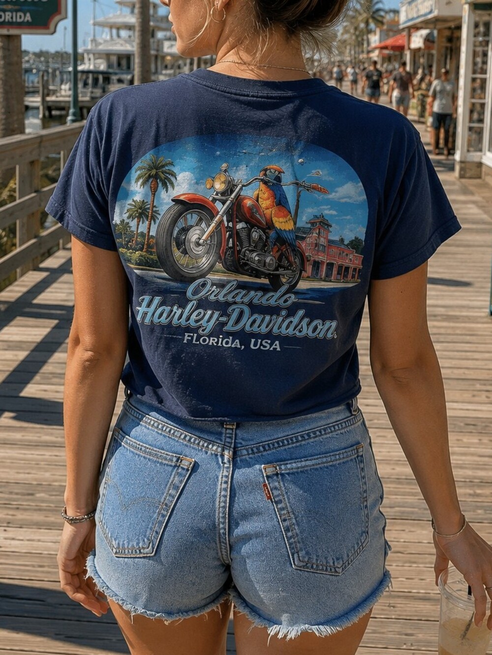 Vtg Y2K Harley Davidson Tee M Orlando Florida Parrot Graphic Rolled Hem
